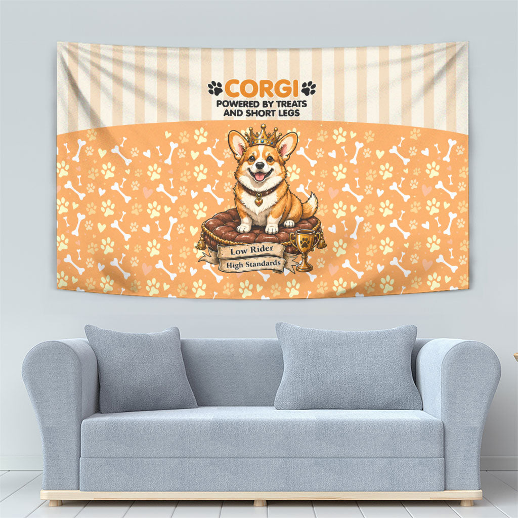 Corgi Powered By Treats And Short Legs Tapestry Royal Crown Low Rider Funny Dog Quote Paw