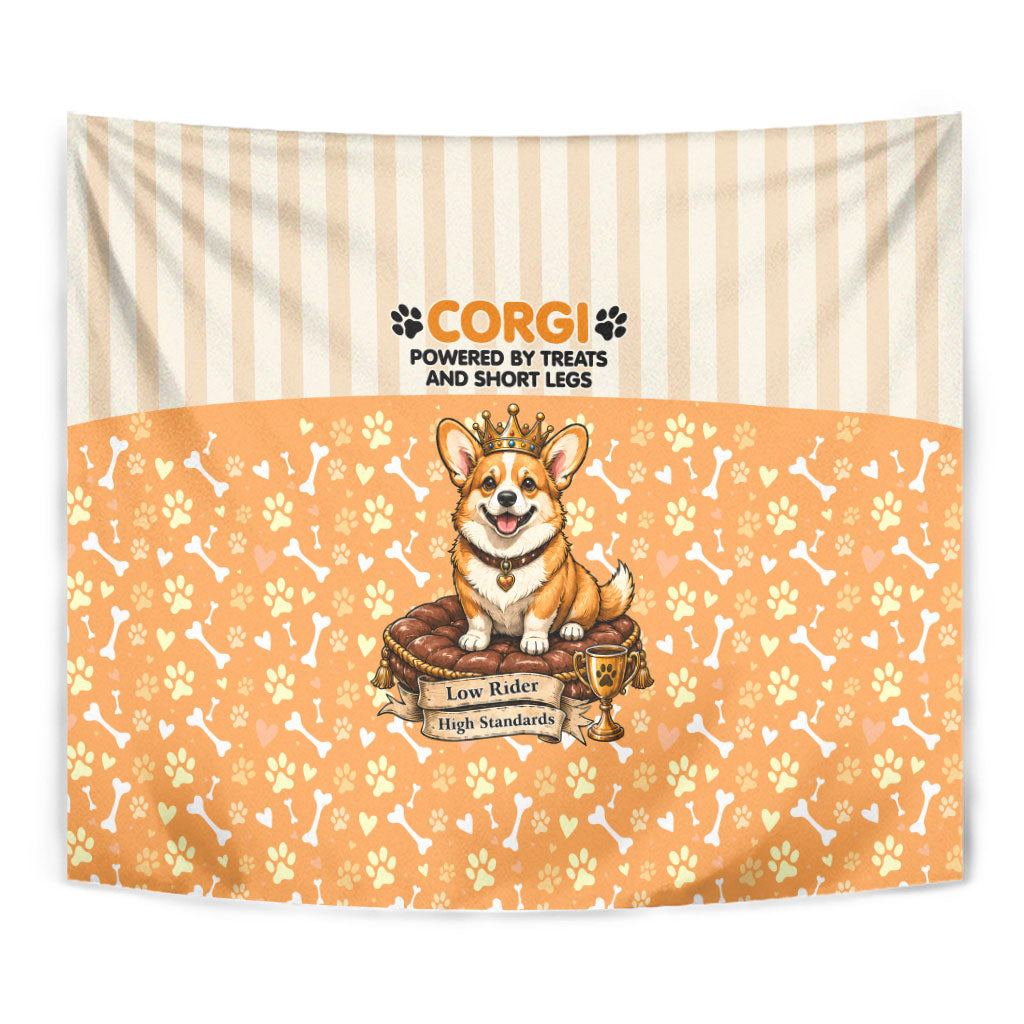 Corgi Powered By Treats And Short Legs Tapestry Royal Crown Low Rider Funny Dog Quote Paw