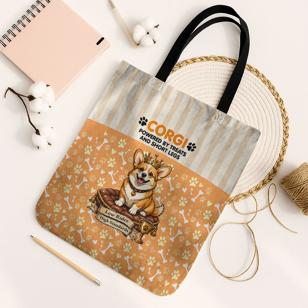 Corgi Powered By Treats And Short Legs Tote Bag Royal Crown Low Rider Funny Dog Quote Paw