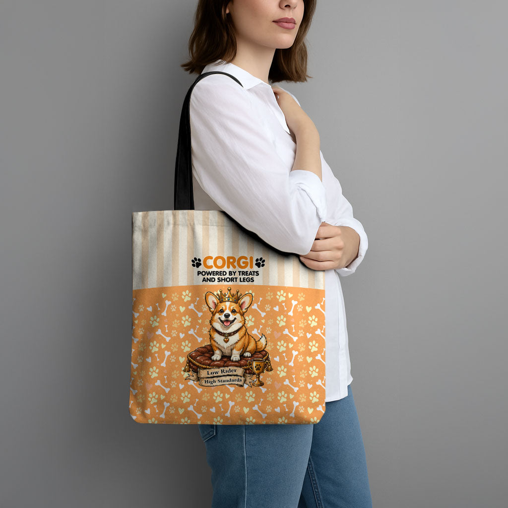 Corgi Powered By Treats And Short Legs Tote Bag Royal Crown Low Rider Funny Dog Quote Paw