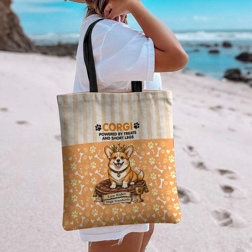 Corgi Powered By Treats And Short Legs Tote Bag Royal Crown Low Rider Funny Dog Quote Paw