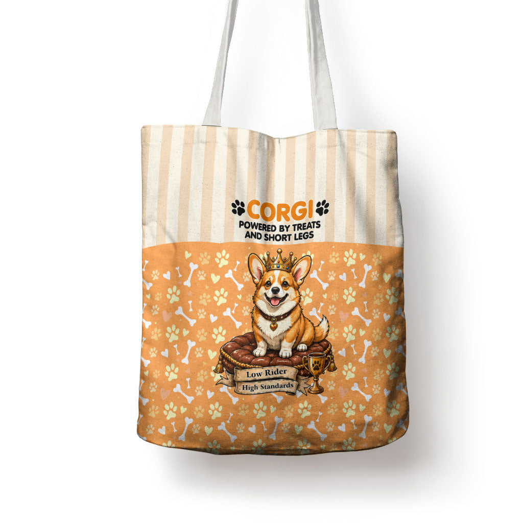 Corgi Powered By Treats And Short Legs Tote Bag Royal Crown Low Rider Funny Dog Quote Paw