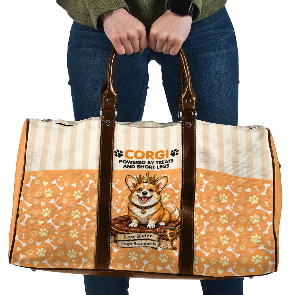 Corgi Powered By Treats And Short Legs Travel Bag Royal Crown Low Rider Funny Dog Quote Paw