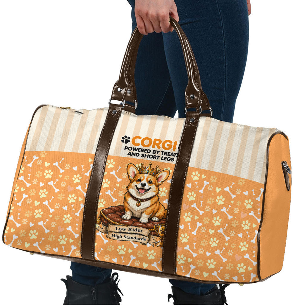 Corgi Powered By Treats And Short Legs Travel Bag Royal Crown Low Rider Funny Dog Quote Paw