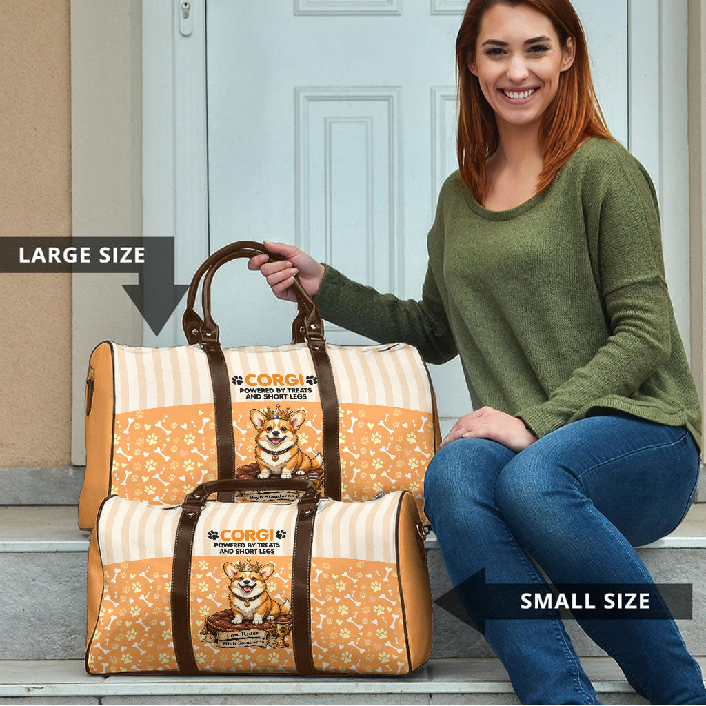 Corgi Powered By Treats And Short Legs Travel Bag Royal Crown Low Rider Funny Dog Quote Paw