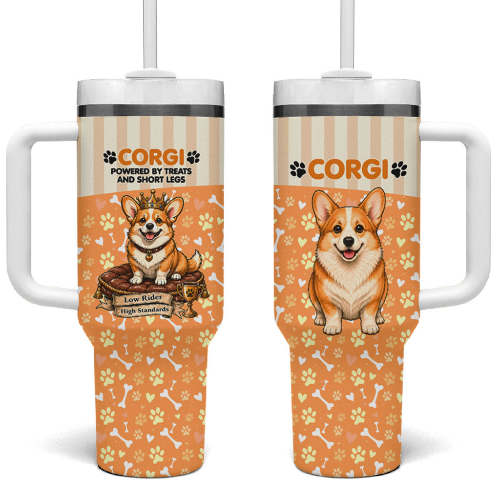 Corgi Powered By Treats And Short Legs Tumbler With Handle Royal Crown Low Rider Funny Dog Quote Paw