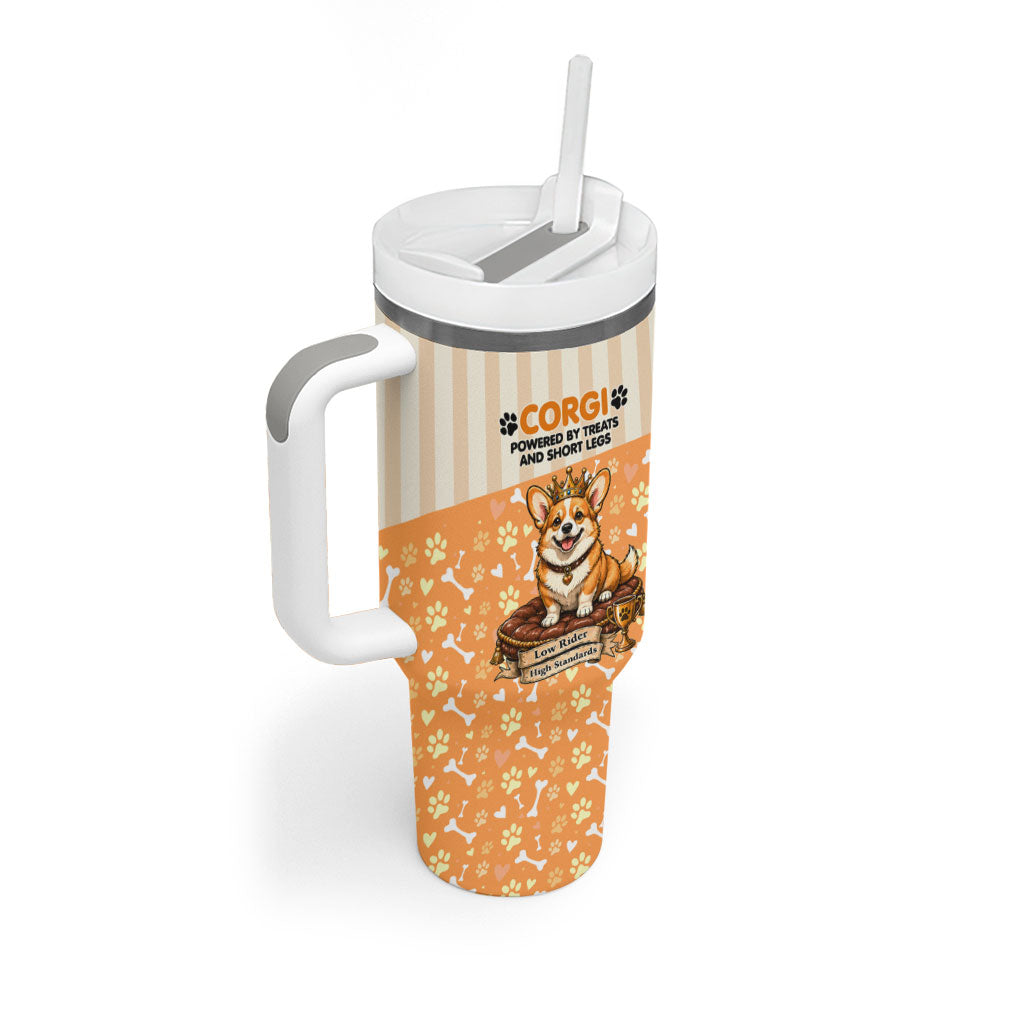 Corgi Powered By Treats And Short Legs Tumbler With Handle Royal Crown Low Rider Funny Dog Quote Paw