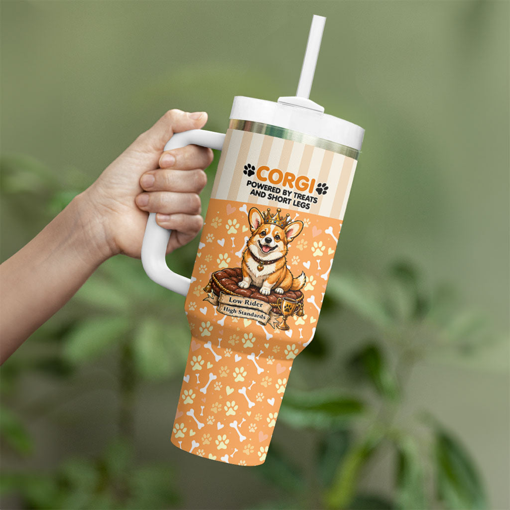 Corgi Powered By Treats And Short Legs Tumbler With Handle Royal Crown Low Rider Funny Dog Quote Paw