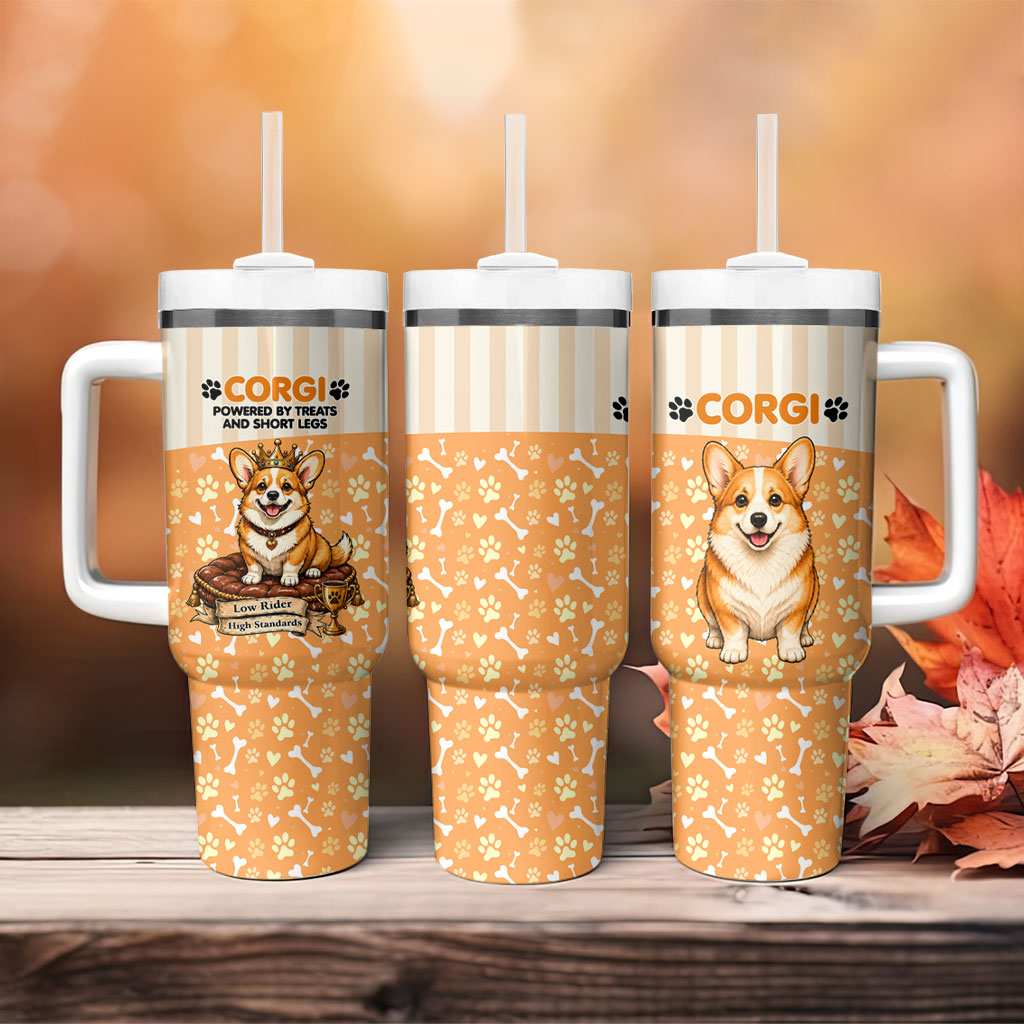 Corgi Powered By Treats And Short Legs Tumbler With Handle Royal Crown Low Rider Funny Dog Quote Paw