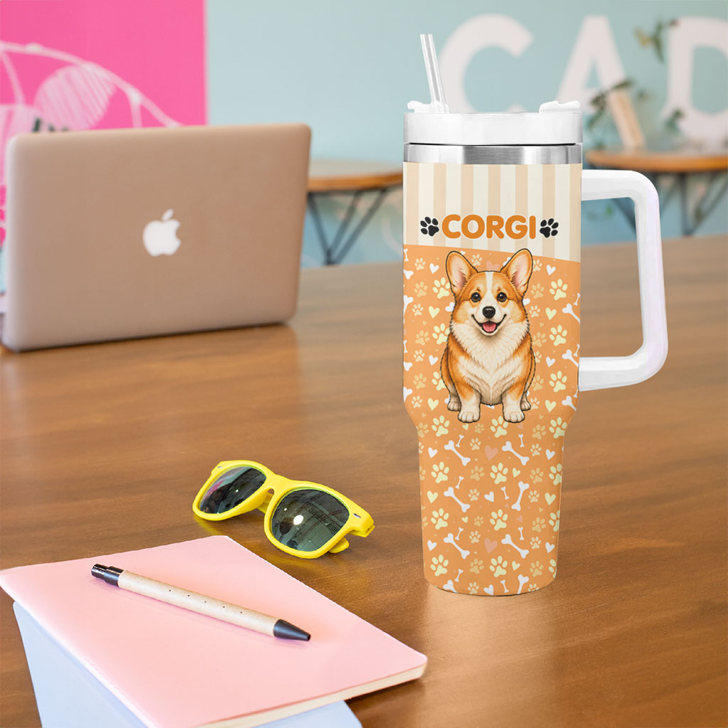 Corgi Powered By Treats And Short Legs Tumbler With Handle Royal Crown Low Rider Funny Dog Quote Paw