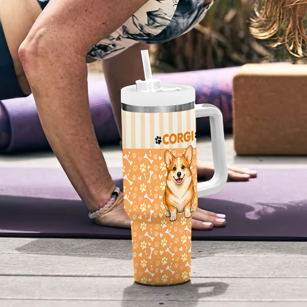 Corgi Powered By Treats And Short Legs Tumbler With Handle Royal Crown Low Rider Funny Dog Quote Paw