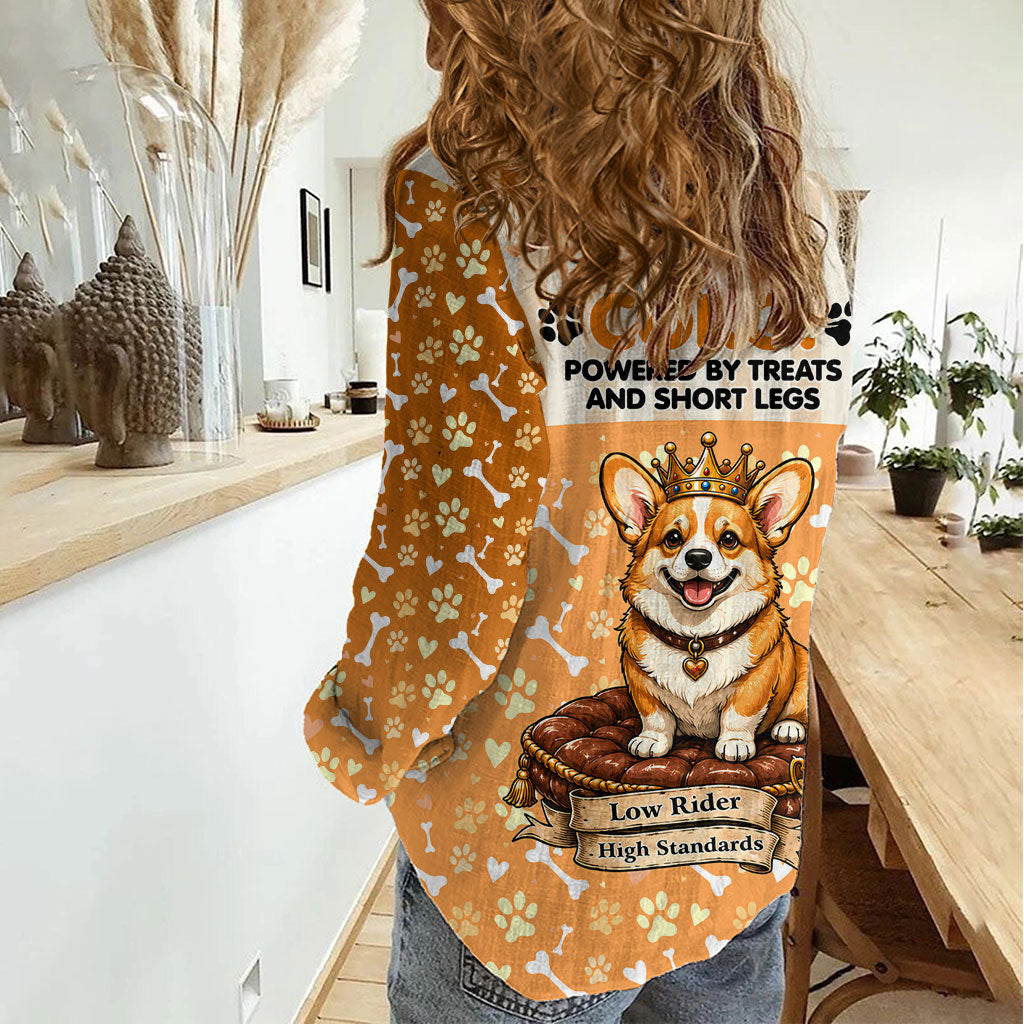 Corgi Powered By Treats And Short Legs Women Casual Shirt Royal Crown Low Rider Funny Dog Quote Paw