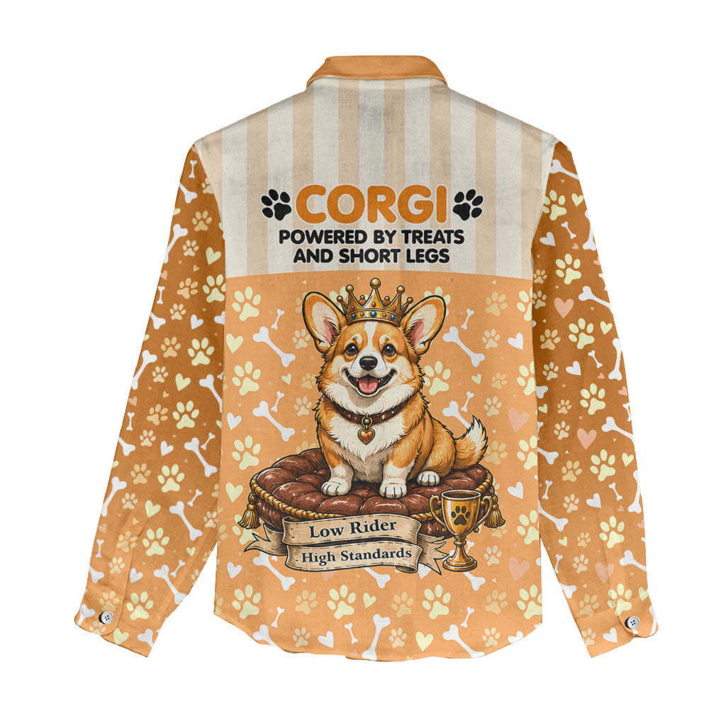 Corgi Powered By Treats And Short Legs Women Casual Shirt Royal Crown Low Rider Funny Dog Quote Paw