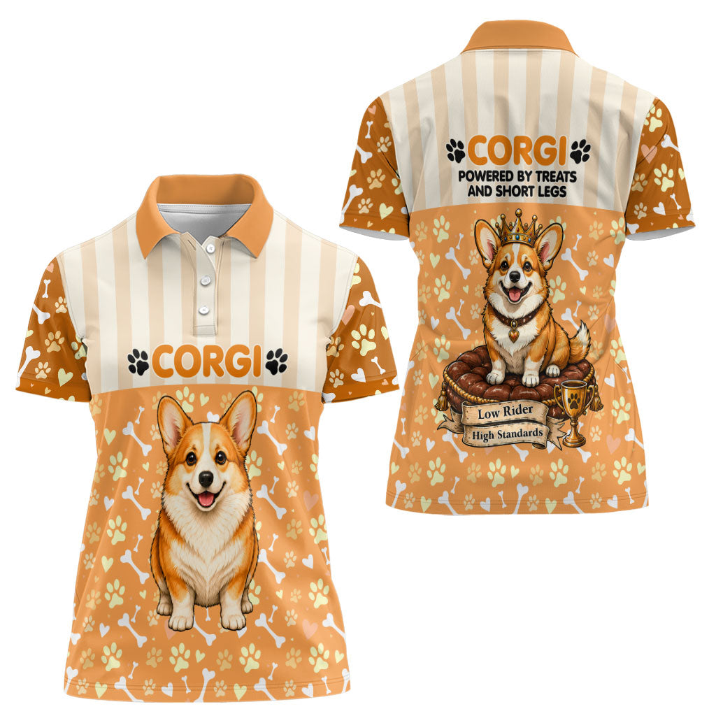 Corgi Powered By Treats And Short Legs Women Polo Shirt Royal Crown Low Rider Funny Dog Quote Paw