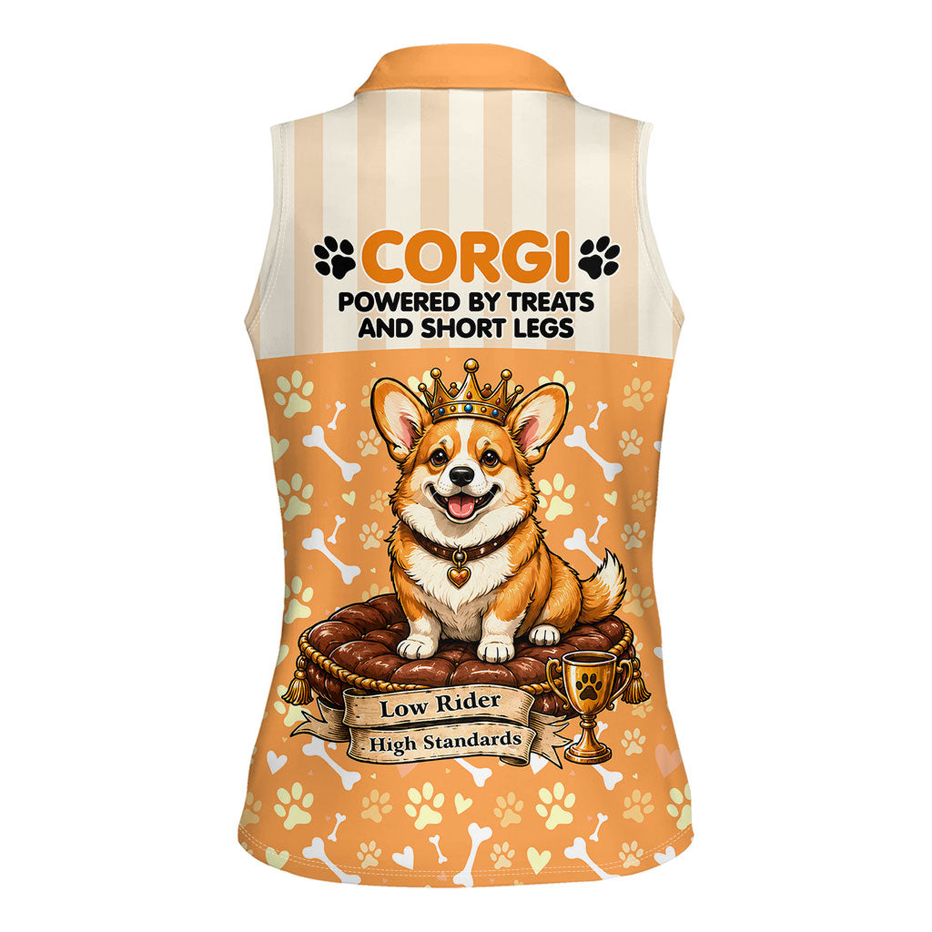 Corgi Powered By Treats And Short Legs Women Sleeveless Polo Shirt Royal Crown Low Rider Funny Dog Quote Paw