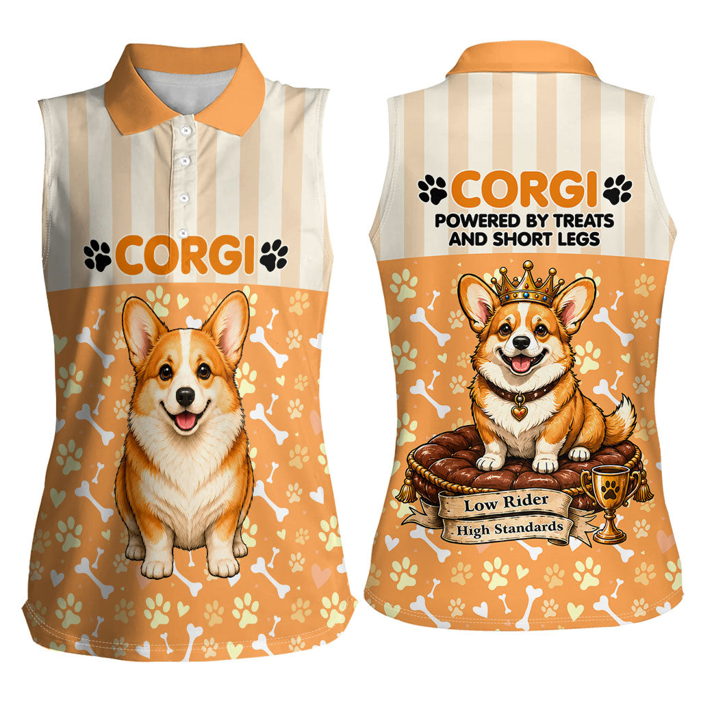 Corgi Powered By Treats And Short Legs Women Sleeveless Polo Shirt Royal Crown Low Rider Funny Dog Quote Paw