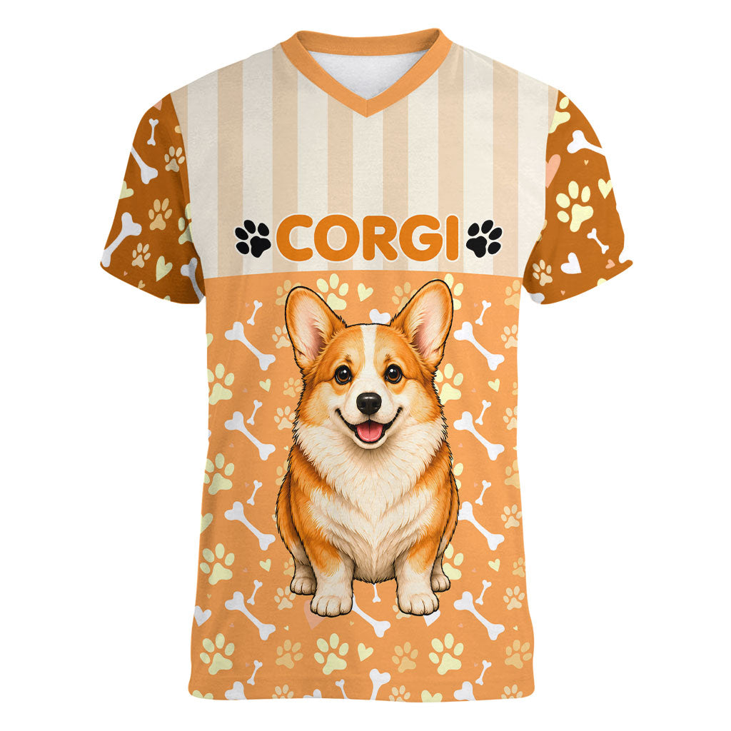 Corgi Powered By Treats And Short Legs Women V-Neck T-Shirt Royal Crown Low Rider Funny Dog Quote Paw