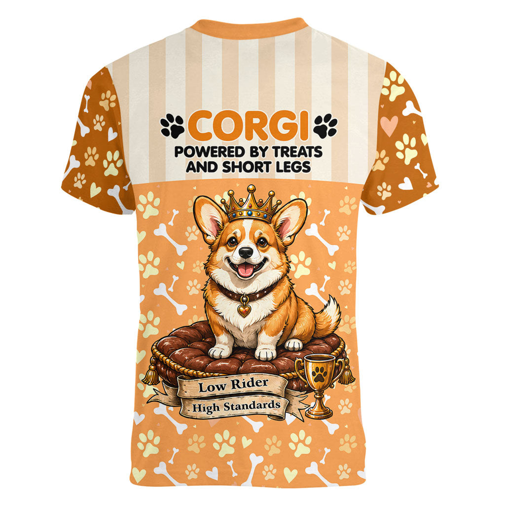 Corgi Powered By Treats And Short Legs Women V-Neck T-Shirt Royal Crown Low Rider Funny Dog Quote Paw