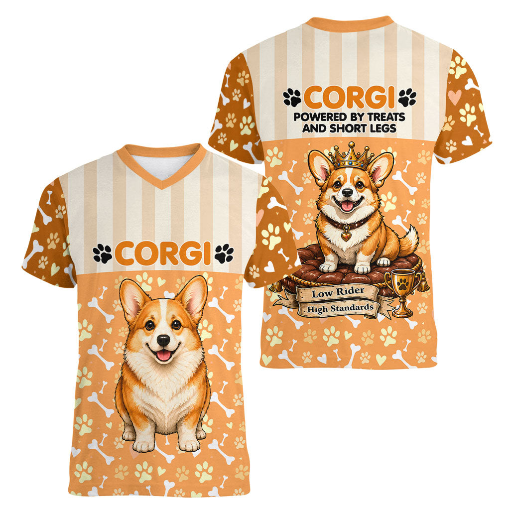 Corgi Powered By Treats And Short Legs Women V-Neck T-Shirt Royal Crown Low Rider Funny Dog Quote Paw