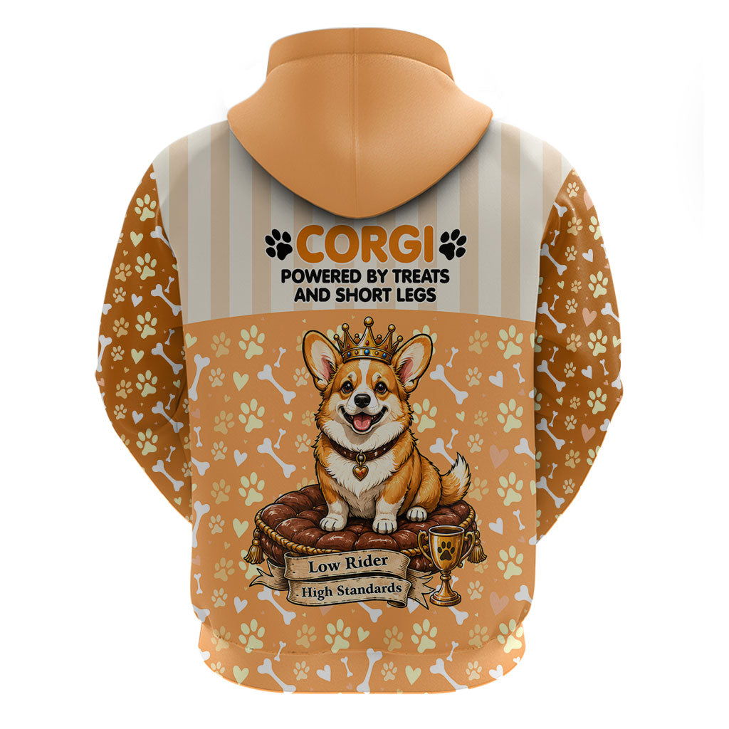 Corgi Powered By Treats And Short Legs Zip Hoodie Royal Crown Low Rider Funny Dog Quote Paw