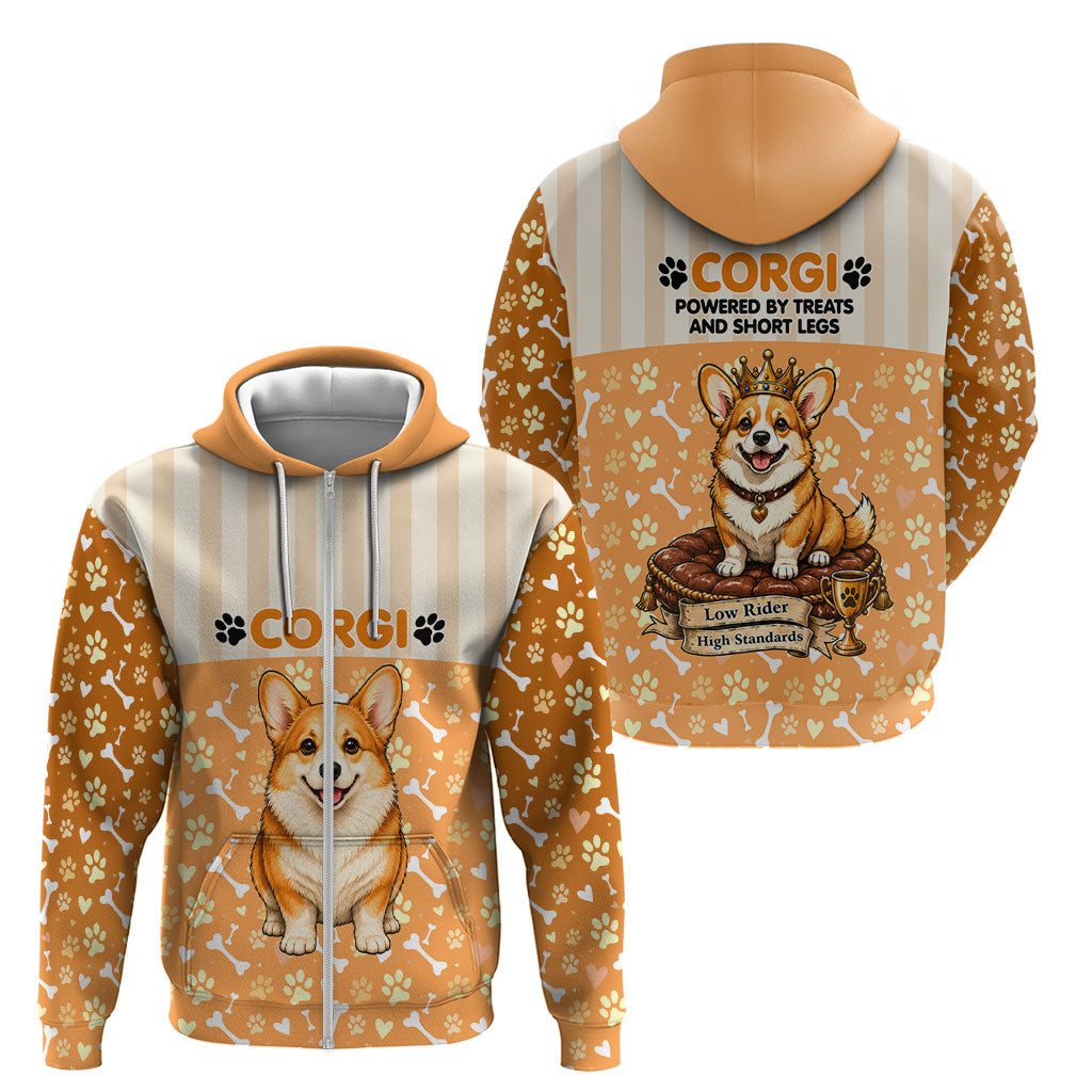 Corgi Powered By Treats And Short Legs Zip Hoodie Royal Crown Low Rider Funny Dog Quote Paw