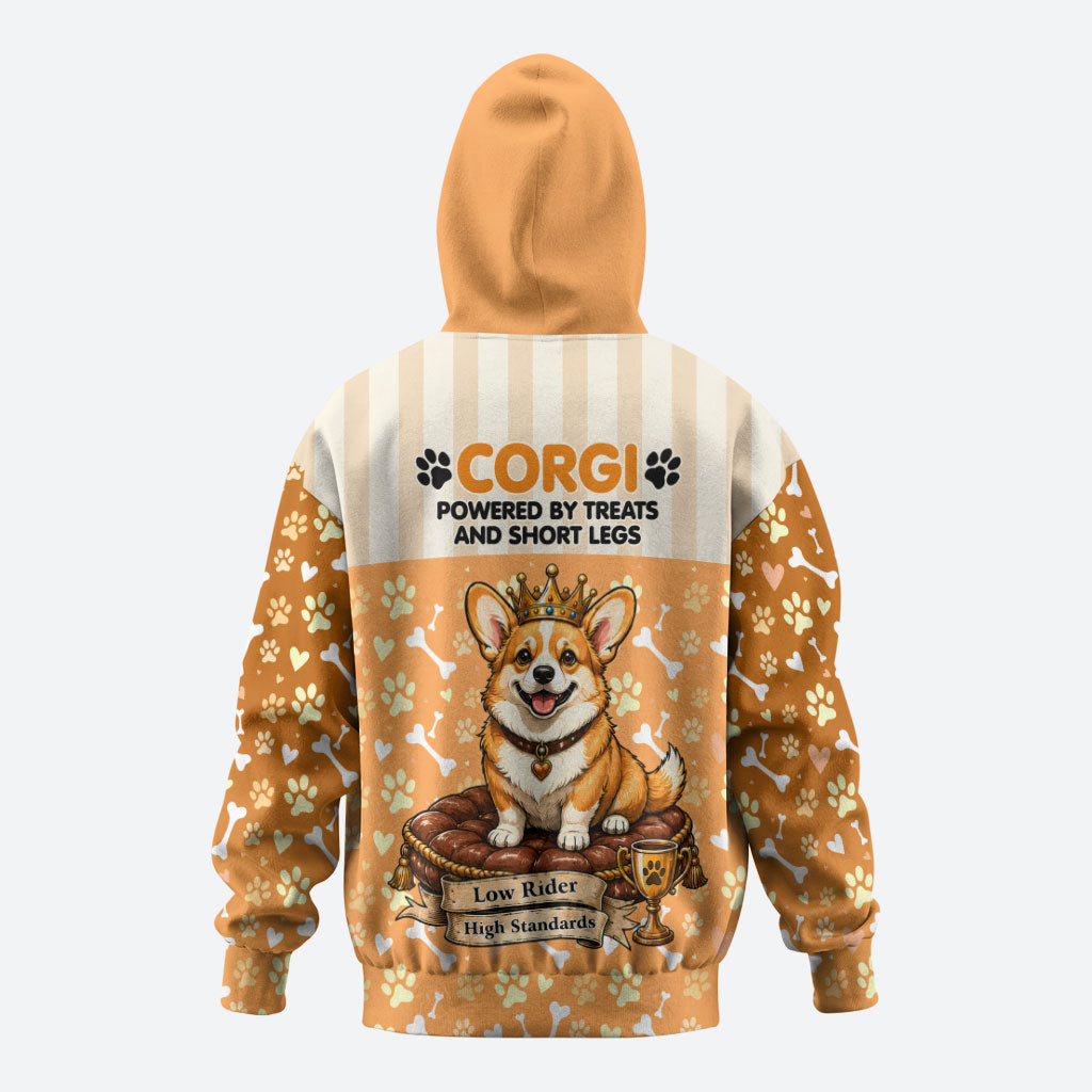 Corgi Powered By Treats And Short Legs Zip Hoodie Royal Crown Low Rider Funny Dog Quote Paw