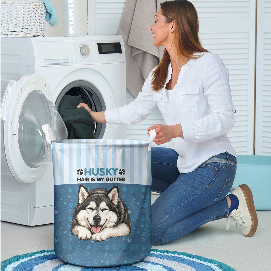 Husky Hair Is My Glitter Laundry Basket Funny Dog Quote Paw Print Pattern