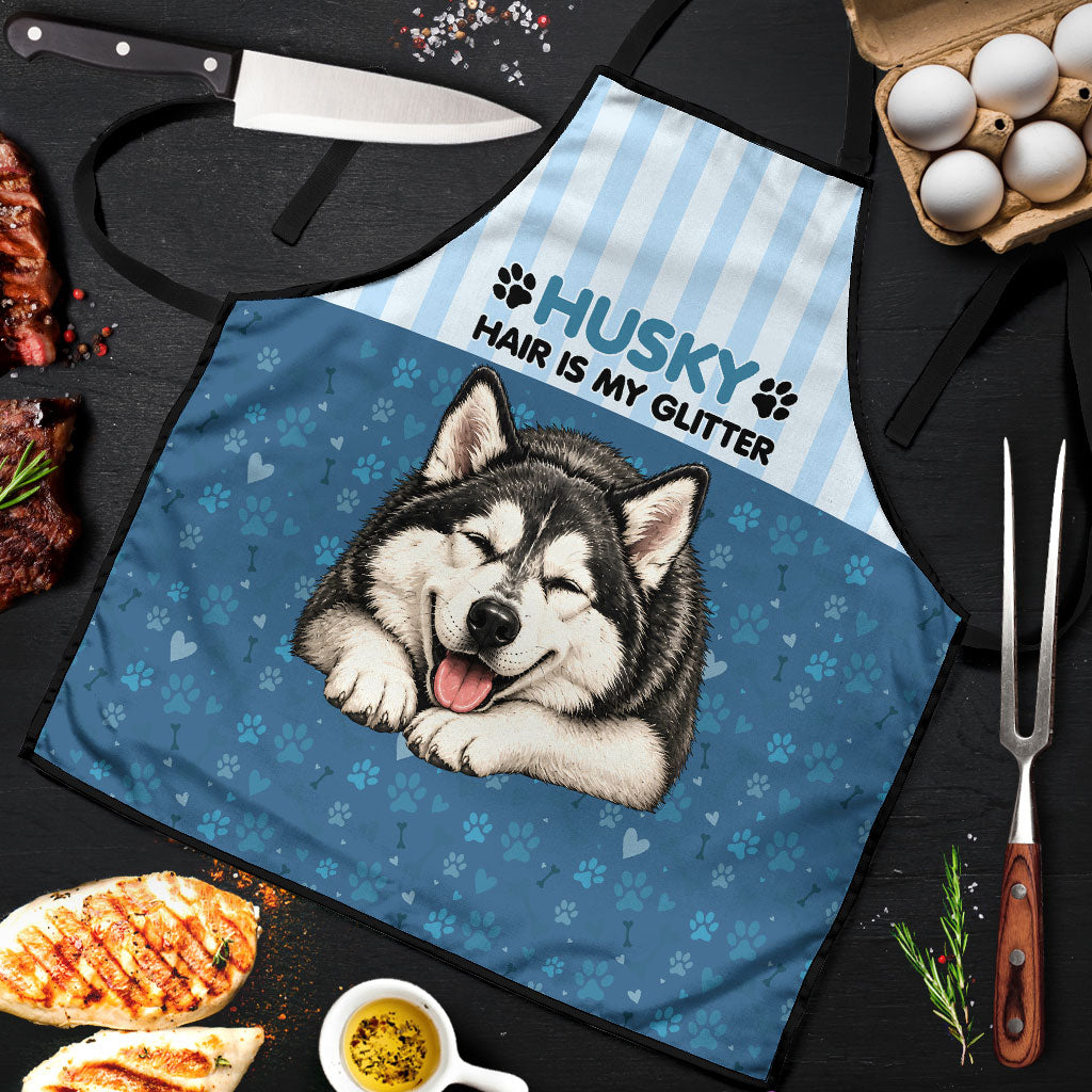 Husky Hair Is My Glitter Apron Funny Dog Quote Paw Print Pattern