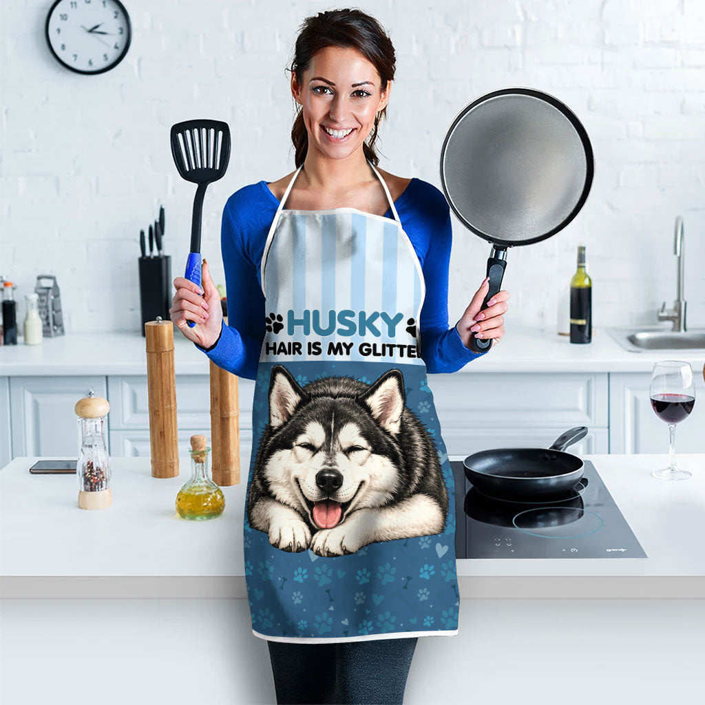 Husky Hair Is My Glitter Apron Funny Dog Quote Paw Print Pattern