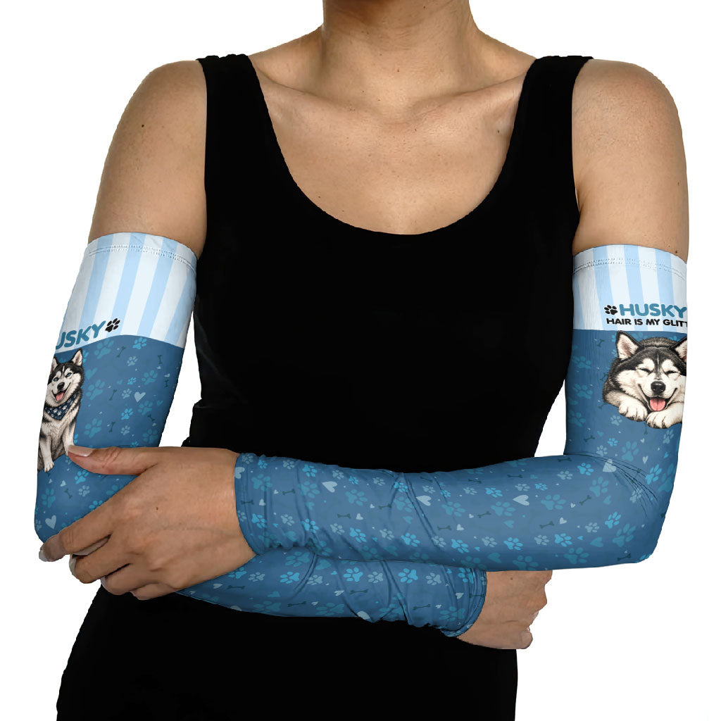 Husky Hair Is My Glitter Arm Sleeves Funny Dog Quote Paw Print Pattern