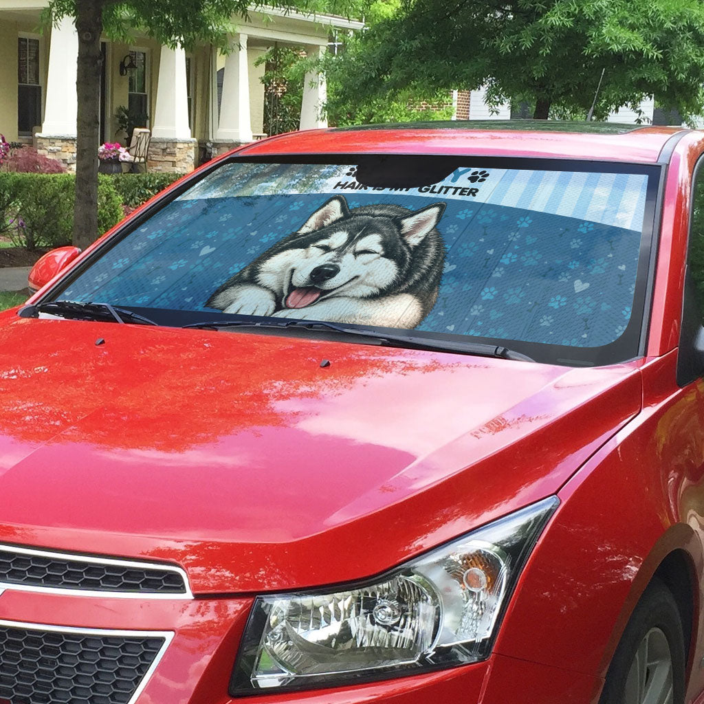Husky Hair Is My Glitter Auto Sun Shade Funny Dog Quote Paw Print Pattern