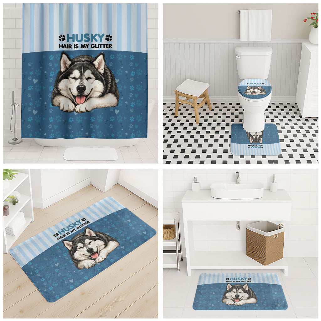 Husky Hair Is My Glitter Bathroom Set Funny Dog Quote Paw Print Pattern