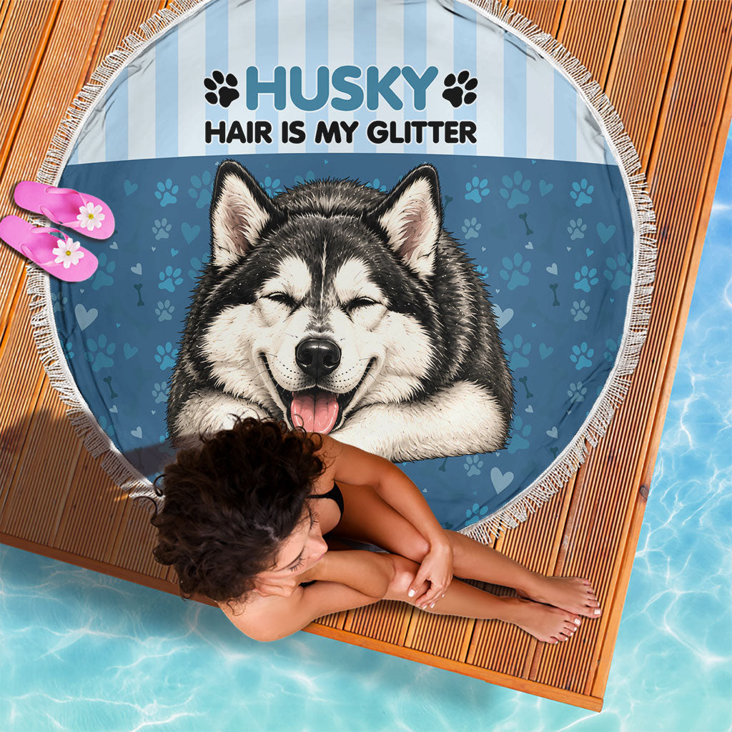 Husky Hair Is My Glitter Beach Blanket Funny Dog Quote Paw Print Pattern