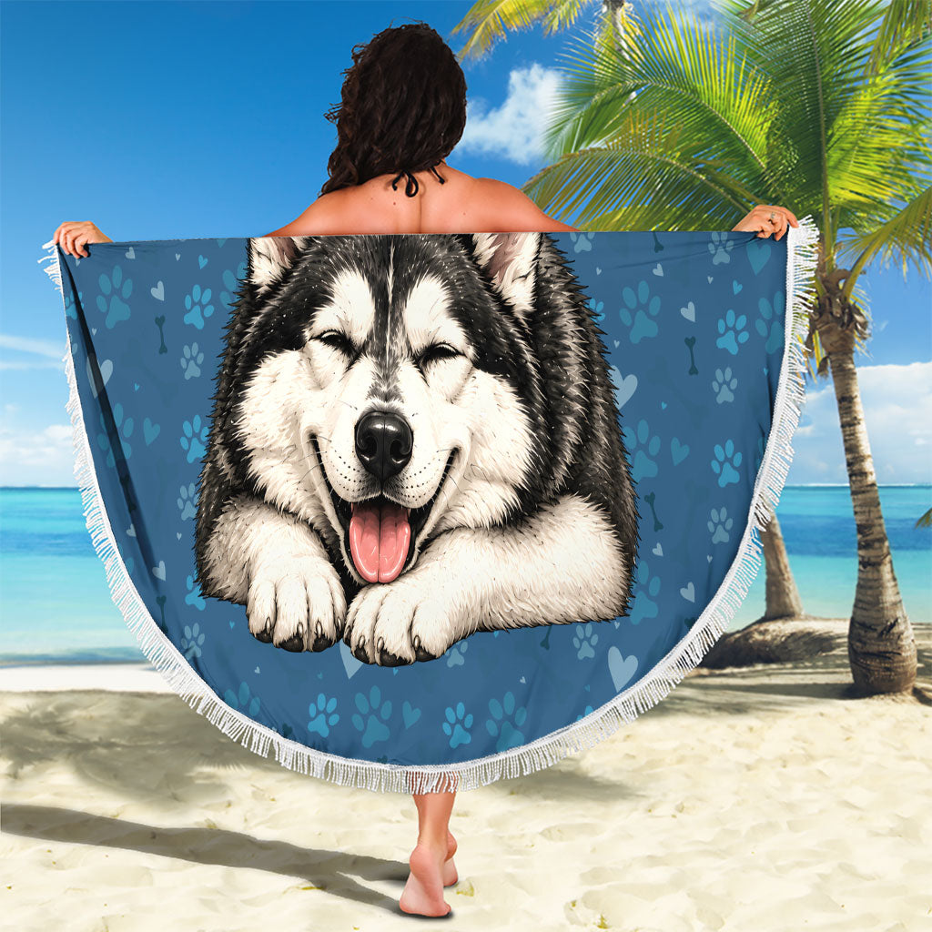 Husky Hair Is My Glitter Beach Blanket Funny Dog Quote Paw Print Pattern