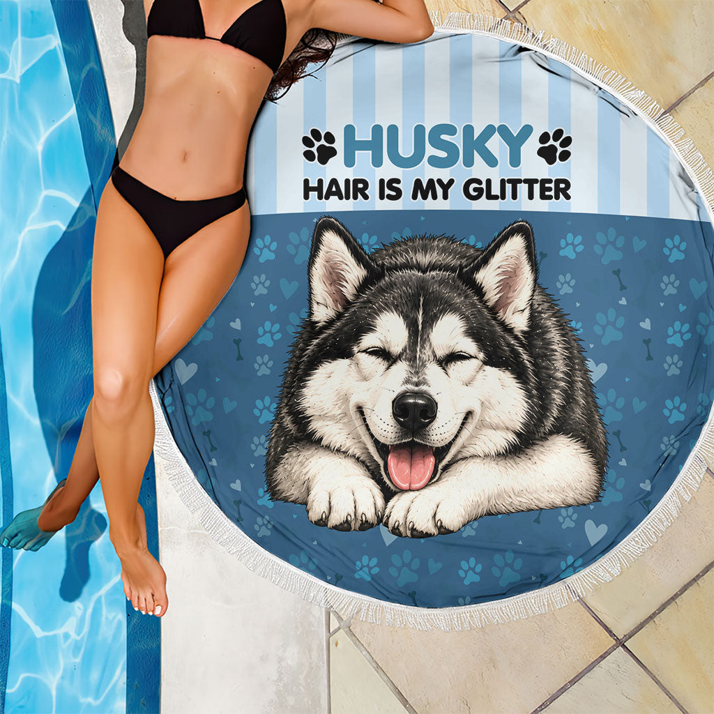Husky Hair Is My Glitter Beach Blanket Funny Dog Quote Paw Print Pattern