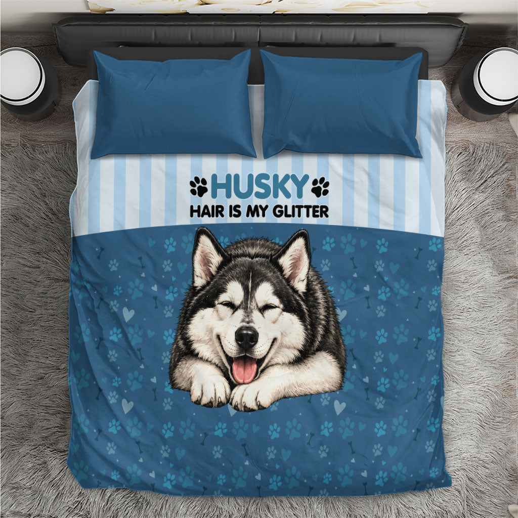 Husky Hair Is My Glitter Bedding Set Funny Dog Quote Paw Print Pattern