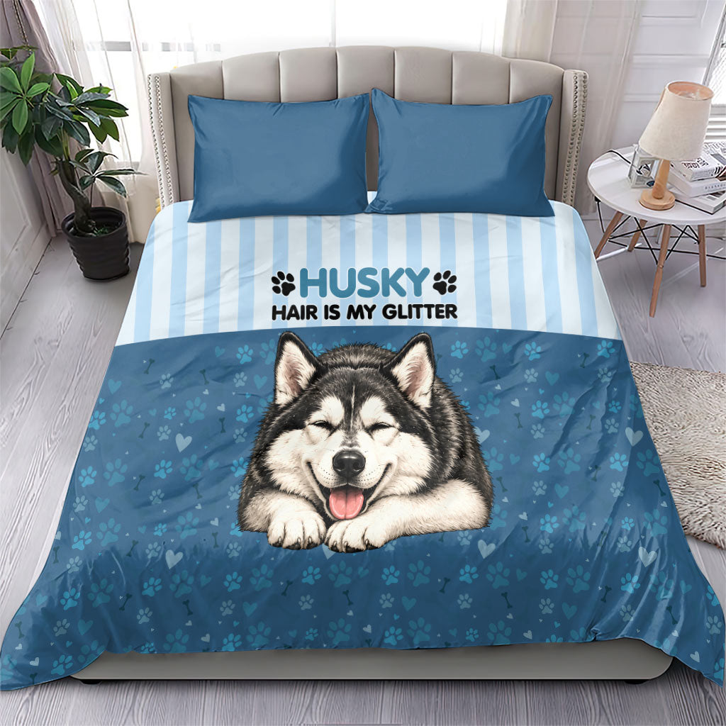 Husky Hair Is My Glitter Bedding Set Funny Dog Quote Paw Print Pattern