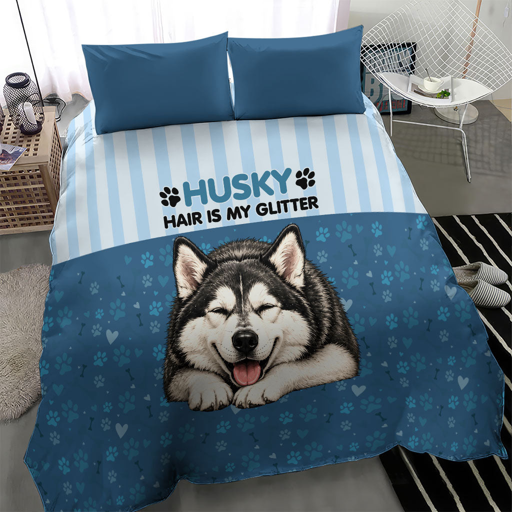 Husky Hair Is My Glitter Bedding Set Funny Dog Quote Paw Print Pattern