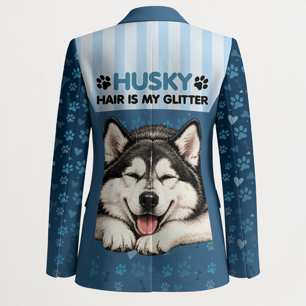 Husky Hair Is My Glitter Blazer Funny Dog Quote Paw Print Pattern