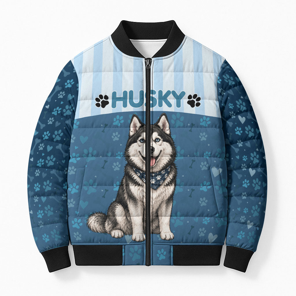 Husky Hair Is My Glitter Bomber Puffer Jacket Funny Dog Quote Paw Print Pattern