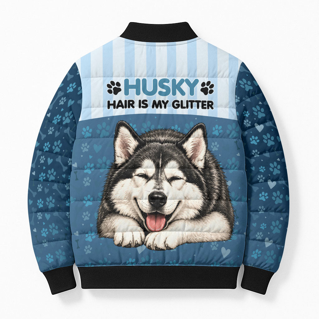 Husky Hair Is My Glitter Bomber Puffer Jacket Funny Dog Quote Paw Print Pattern