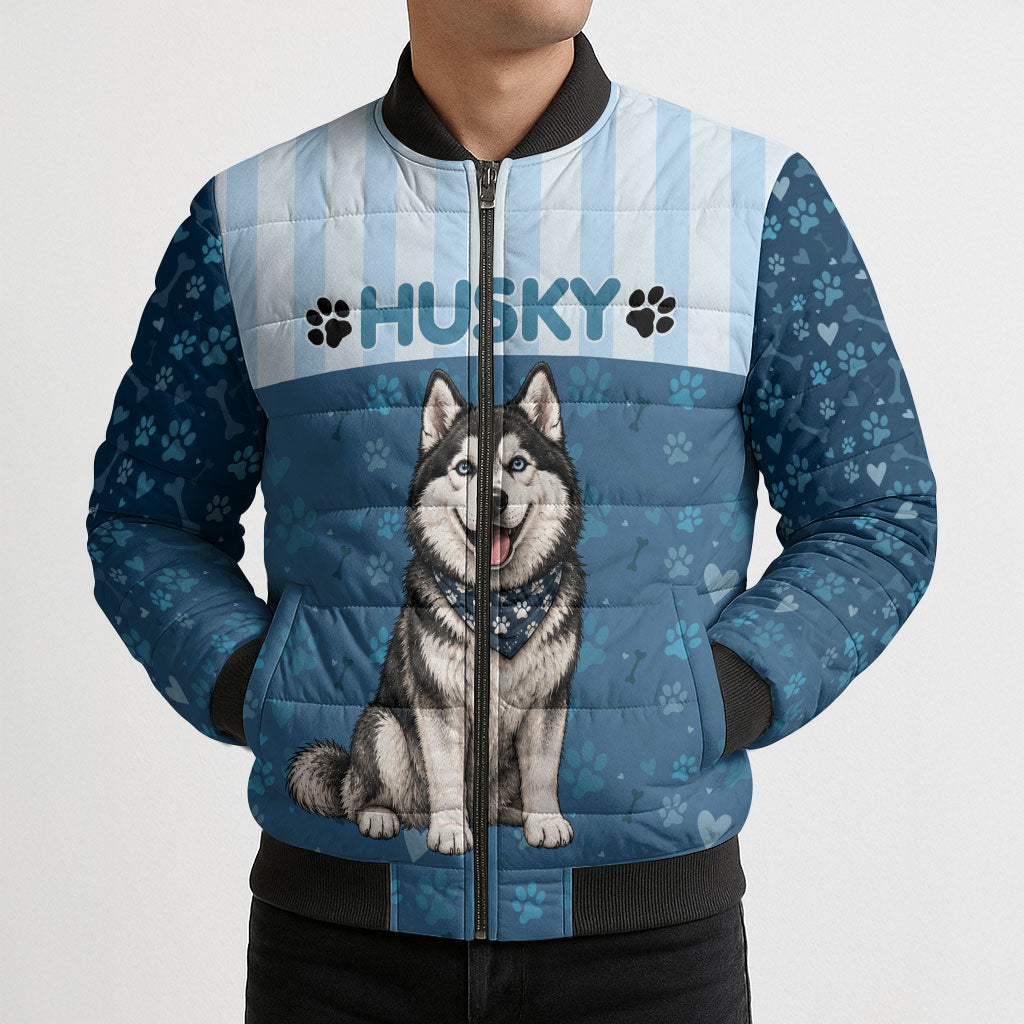 Husky Hair Is My Glitter Bomber Puffer Jacket Funny Dog Quote Paw Print Pattern