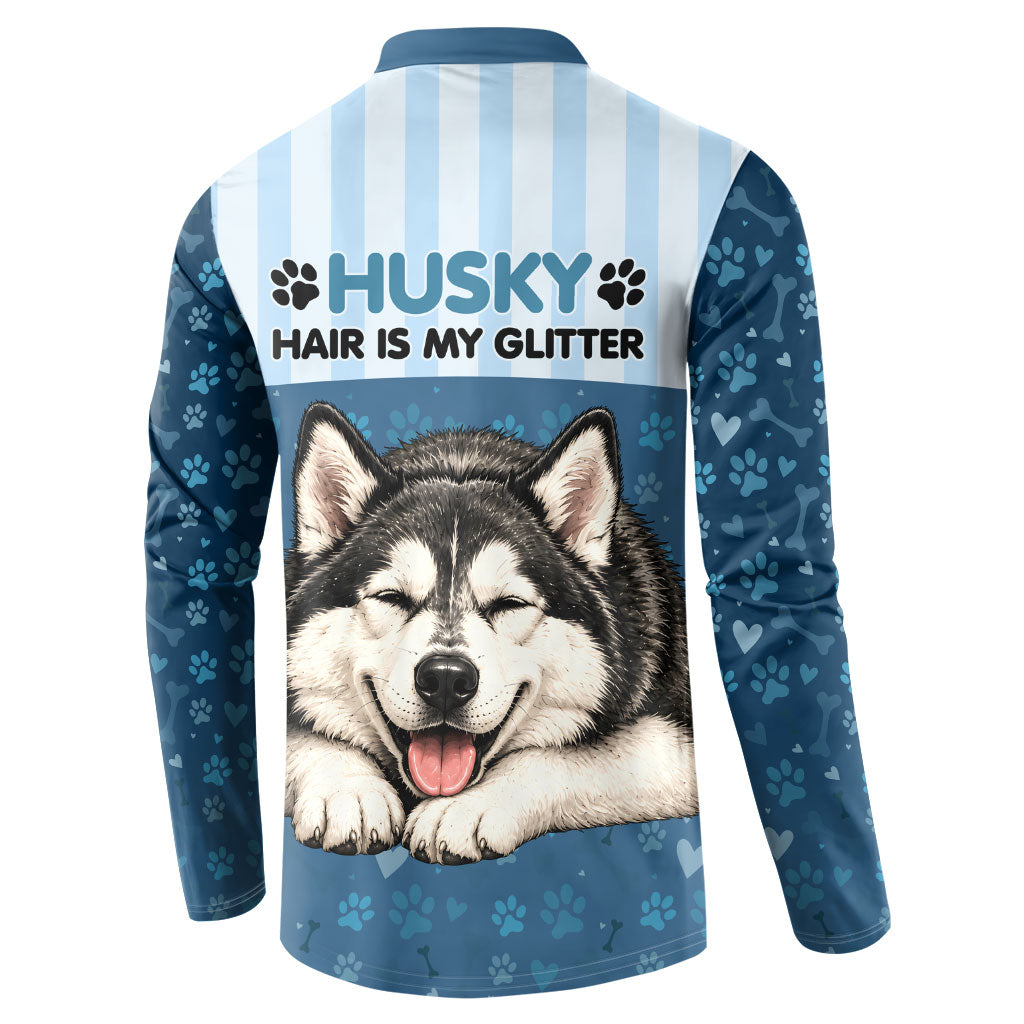Husky Hair Is My Glitter Button Sweatshirt Funny Dog Quote Paw Print Pattern