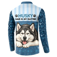 Husky Hair Is My Glitter Button Sweatshirt Funny Dog Quote Paw Print Pattern