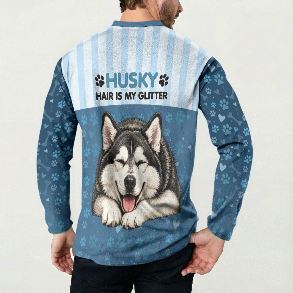 Husky Hair Is My Glitter Button Sweatshirt Funny Dog Quote Paw Print Pattern