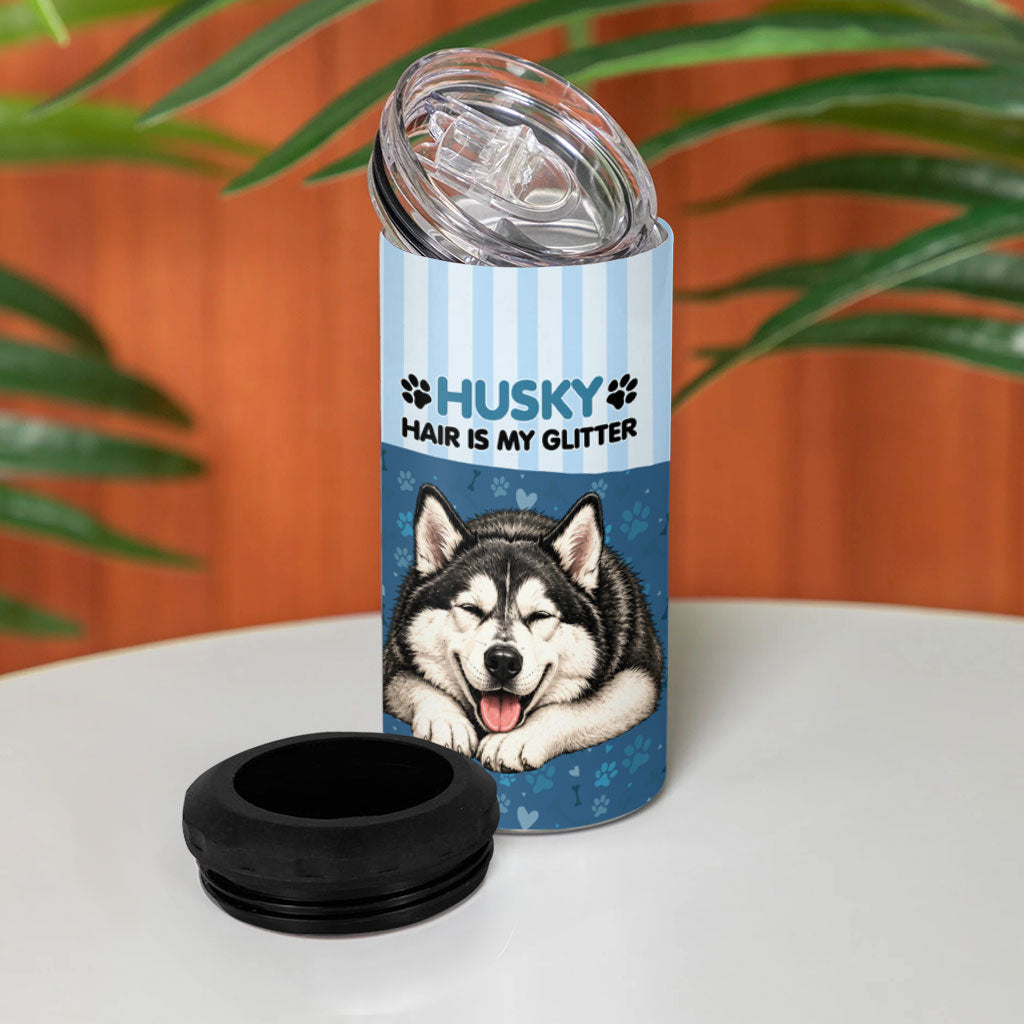 Husky Hair Is My Glitter 4 in 1 Can Cooler Tumbler Funny Dog Quote Paw Print Pattern