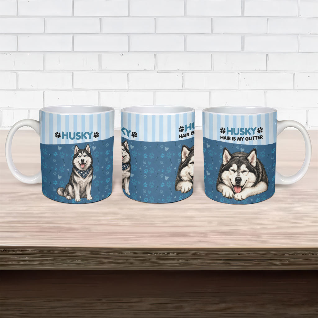 Husky Hair Is My Glitter Ceramic Mug Funny Dog Quote Paw Print Pattern