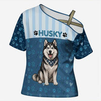 Husky Hair Is My Glitter Cross Shoulder Shirt Funny Dog Quote Paw Print Pattern