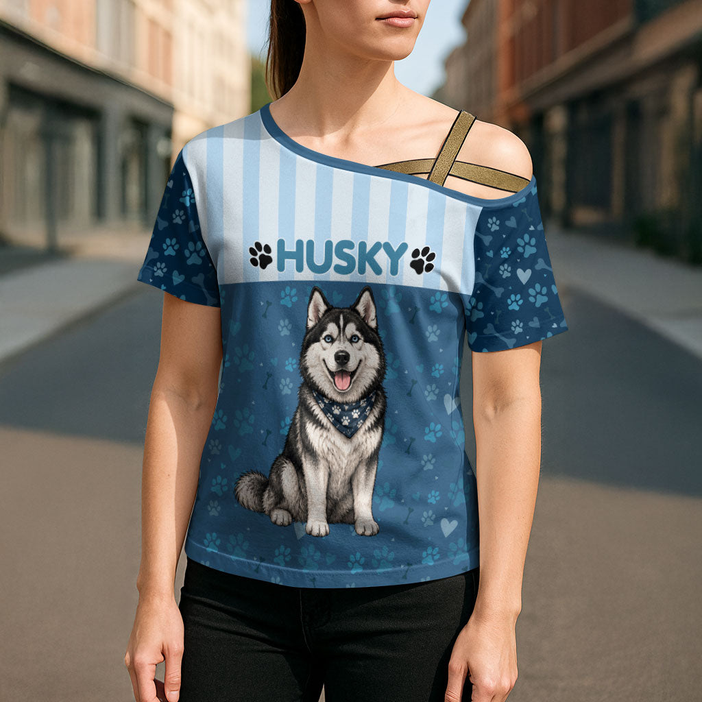 Husky Hair Is My Glitter Cross Shoulder Shirt Funny Dog Quote Paw Print Pattern