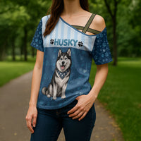 Husky Hair Is My Glitter Cross Shoulder Shirt Funny Dog Quote Paw Print Pattern